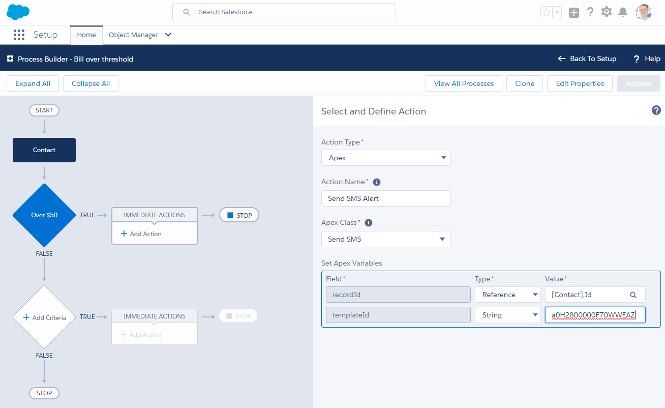 Use TXTinIT Salesforce process builder for automatic SMS alerts